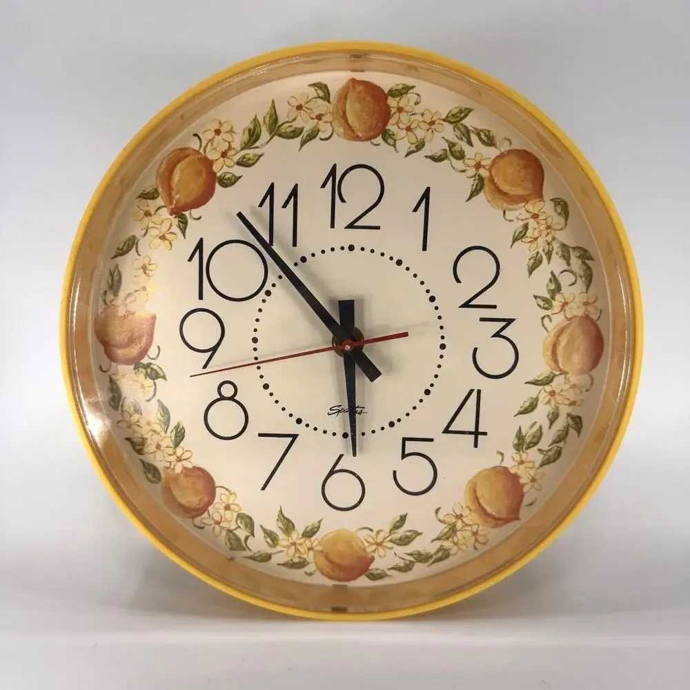 Vtg Spartus Peach Flowers Plastic Electric Kitchen Wall Clock Retro Yellow 10